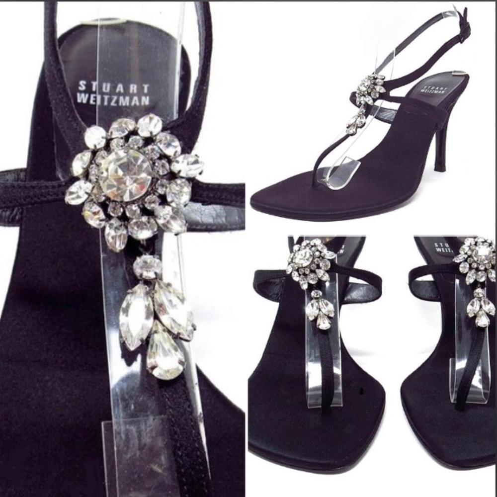 Stuart Weitzman "Parfait" black satin thong sandals.